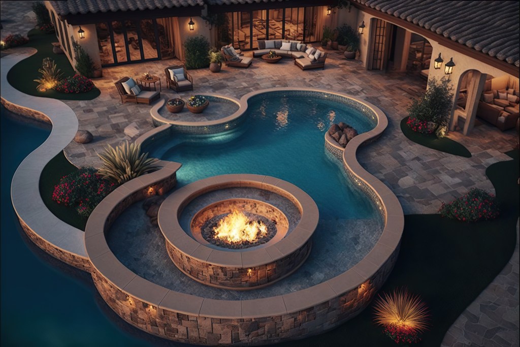 pool with a built in hot tub and a fire pit nearby, concept of relaxation and luxury, created with generative ai technology
