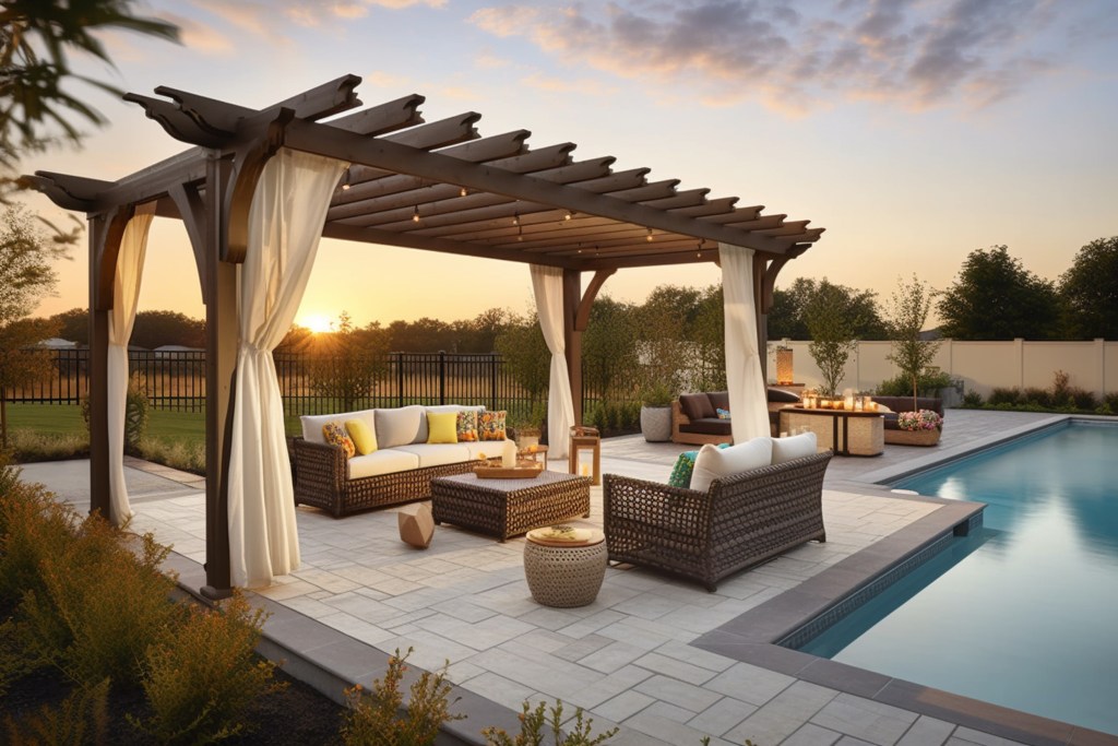 photo of a luxurious backyard oasis with a sparkling pool and comfortable patio furniture